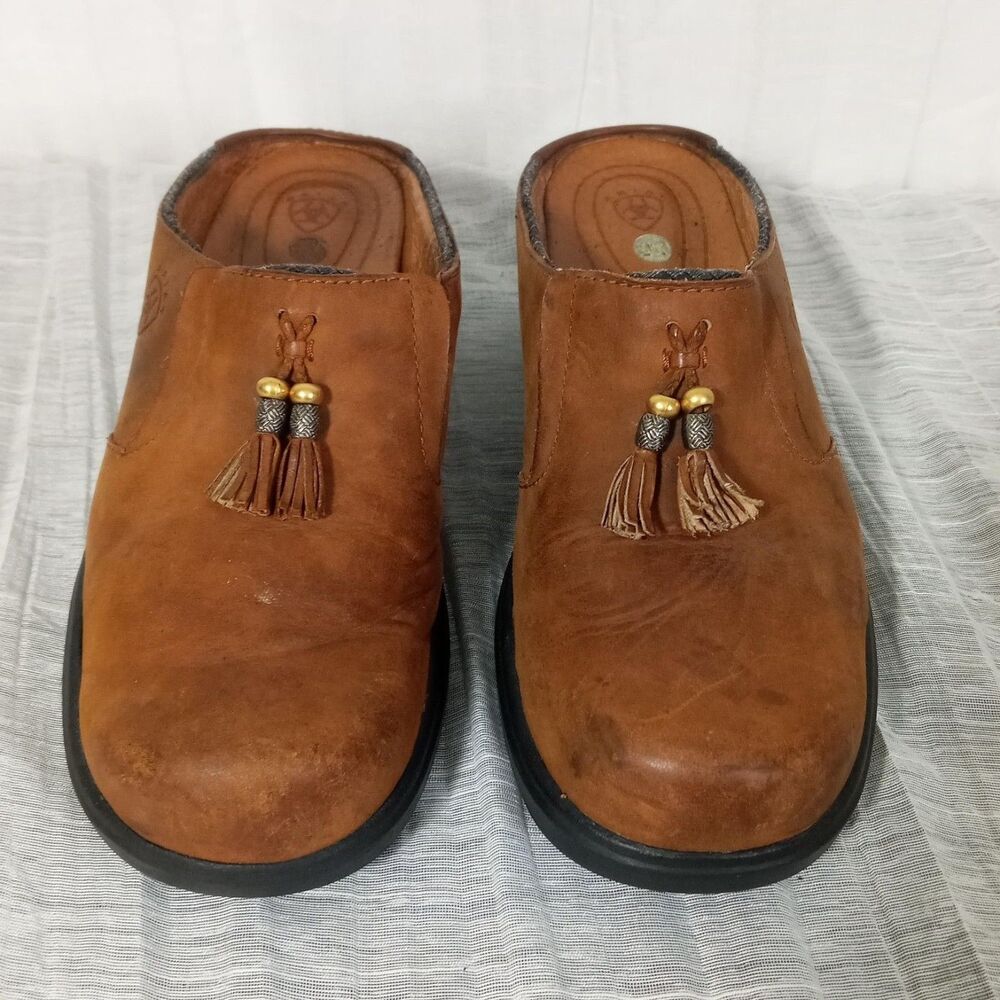 ARIAT Brown Leather Clogs Slip On Comfort Shoes 7.5 Tassel Rubber Sole Low Heel